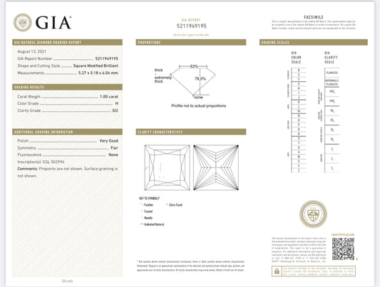 1.00 Carat Princess Cut Diamond H , SI2 , GIA Certified 5211949195