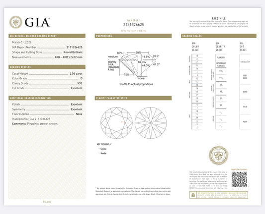 2.02 Carat Round Diamond D , VS2 , GIA Certified 2151326625 TRIPLE EXCELLENT