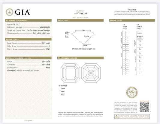 1.01 Carat Asscher Cut Diamond E , VVS1 , GIA CERTIFICATE 6147986308  //