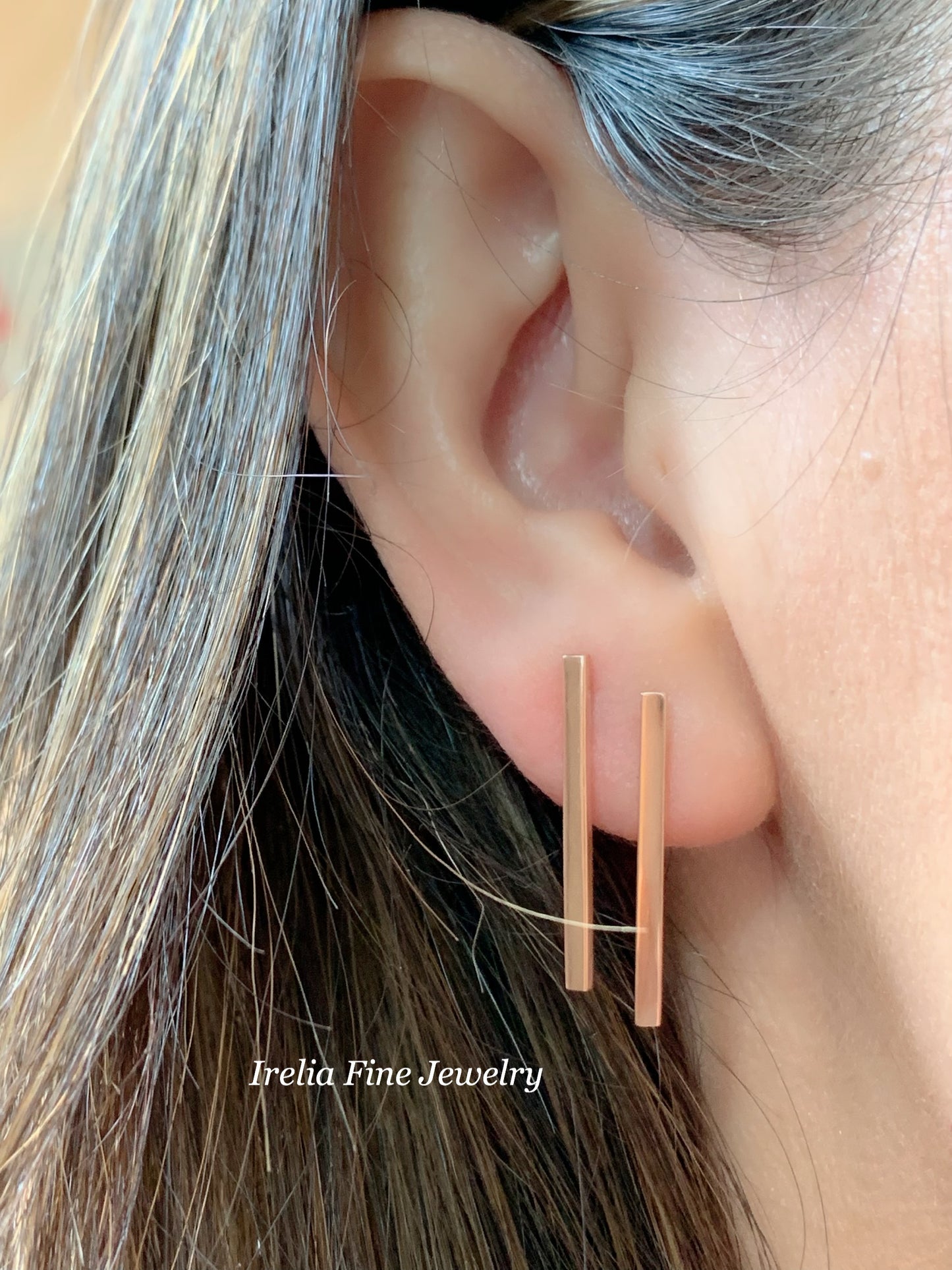 14k Rose Bar Gold Earrings , Drop down bar earring , minimalist Jewelry , geometric style gold earring , Irelia Fine Jewelry , Irelia 