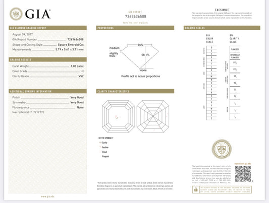 1.00 Carat Asscher Cut Diamond H , VS2 , GIA CERTIFICATE 7263636508