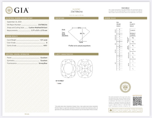 1.01 Carat Cushion Cut Diamond D , VVS1 , GIA Certified  6167167310