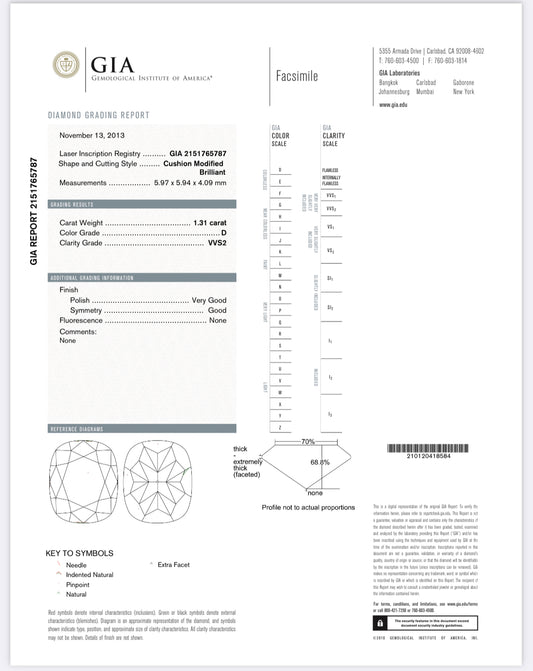 1.31 Carat Cushion Cut Diamond D , VVS2 , GIA Certified  2151765787